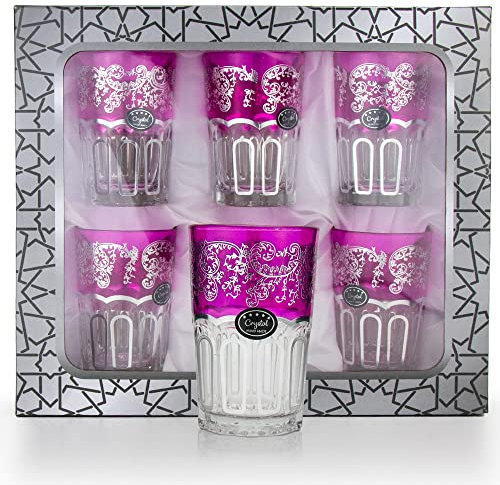 Saharashop 6 Premium Orientalische Marokkanische Teegläser Silber Pink, 6er Set Atay, Cay Glastassen Glasbecher, Trinkgläser geeignet für Heiß- oder Kaltgetränke