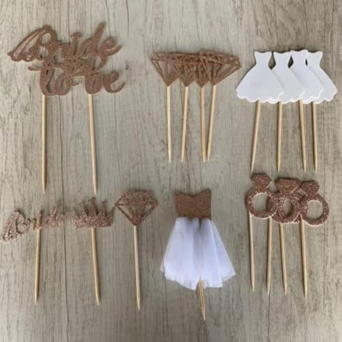 Bride To Be Cake Topper, 17 Stück Rose Gold Bride Cupcake Deko Braut Kuchen Torte Topper, Diamantring Diamant Brautkleid Krone Tortendeko für Verlobung Junggesellenabschied Hochzeit Brautdusche Party