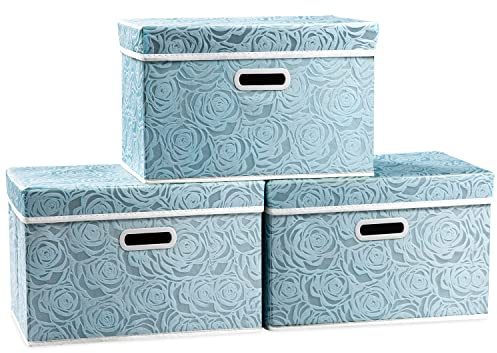 Prandom Storage Boxes with Lids,Blue-38x25x25cm,Foldable,3-Pack | Stackable,With handle,Rose patterned fabric,Decorative Cube Box,Clothing storage,Really Useful Box,bedroom wardrobe