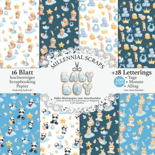 BABY BOY Süßes Motivpapier zum Ausschneiden: Blau I Dekor für Karten zum Geburtstag, zur Babyparty & für Fotoalben I Scrapbooking I Junk Journals I Mit Letterings I Basteln zur Babyshower Inspo
