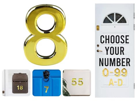 Gold Door Numbers Stick On, 0-99, Letters A, B, C, D, 3'' House Numbers Self Adhesive Stickers, For Doors, Mail Boxes, Hotel Rooms (8)