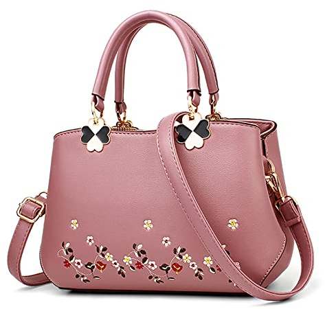 VARLIVOO Élégante Sac à Main Dames Sacs Bandoulière Femme Sac de Messager Motif de Fleurs Broderie Sac Portés Main Sac Fourre Tout Sac de Cours Voyager Travail Étanche PU Cuir Rose