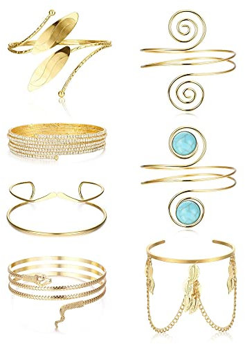 JeryWe 7 Stück Oberarm Armbänder Für Frauen Damen Manschette Armreif Gold/Silber Manschette Armband Set Verstellbare Offen Draht Leaf Armbänder Boho Punk Swirl Oberarmreif