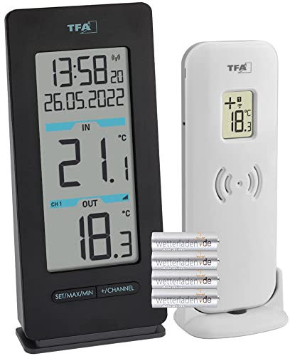 TFA Dostmann Funk-Thermometer Buddy, 30.3072.01, Außentemperatur und Innentemperatur, Höchst- und Tiefstwerte, Funkuhr, schwarz mit Batterien
