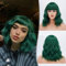 Barsdar Kurze Bob Perücken mit Pony schulterlange Frauen kurze Perücke Lockige Gewellte Synthetische Cosplay Perücke Perücke für Mädchen Kostüm Perücken Bunte Natürliche Gewellte Perücken Dunkelgrün