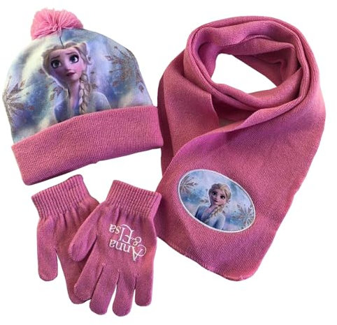 3 Stück Frozen Mütze Schal Handschuhe, Wopin Herbst Winter Mädchen warme gestrickte Mütze mit Wolle Futter Schal Handschuhe, Winter Geschenk für Kinder