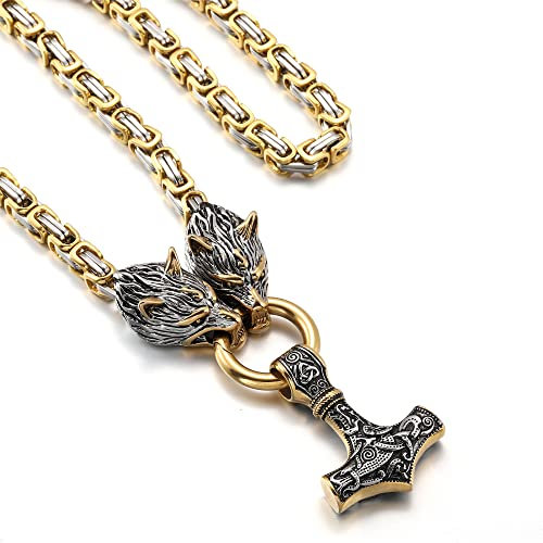 HSWYFCJY Wikinger Thor Hammer Halskette Herren Wikinger Mjölnir Edelstahl Kette für Männer Deko Kette Wikinger Geschenke Männer Schmuck,28 Silber/Schwarz/Gold 28Zoll