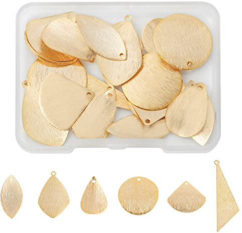 SUPERFINDINGS 24 Stück 6 Stile Messingprägung Blanko Tag Charms Echt 24K Vergoldet Fächerblatt Metallstempel Tags Dreieck Teardrop Blanks Anhänger Für Schmuck DIY Craft Making, Bohrung: 1.2~1.6 mm