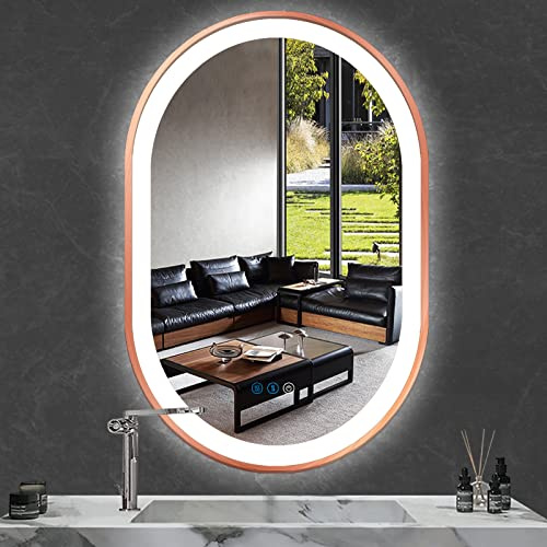 ARUMMA 20 x 32 Rose Gold Oval LED Mirror for Bathroom Wall Oval Lighted Mirror Oval Vanity Mirror with Lights 3 Color Dimmable AntiFog Rose Golden Frame 32 Inch Bathroom Oval Smart Light up Mirror