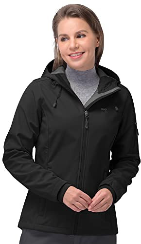 33,000ft Women's Waterproof Jacket, Ladies Lightweight Hooded Softshell Jacket Windproof Fleece Rain Jacket for Outdoor Hiking Black XL