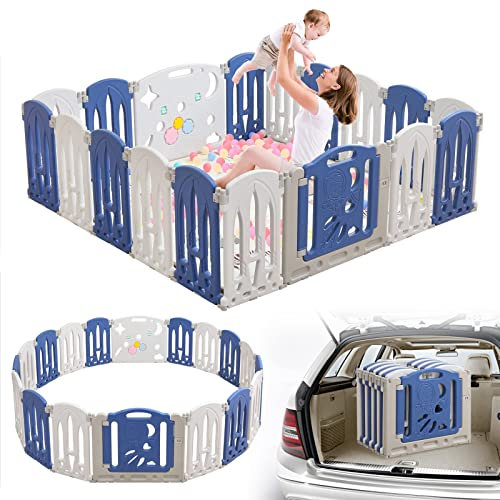 LZQ Laufstall Baby Faltbar Laufgitter Absperrgitter, Baby Playpen Krabbelgitter aus Kunststoff Schutzgitter mit Tür und Spielzeugboard, Groß Kleinkinder Laufställe Klappbar (18 Paneele)