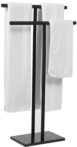 WISATO - Porte-serviettes sur pied pour salle de bain – Porte-serviettes autonome à 2 niveaux en acier inoxydable pour sol de salle de bain avec base en marbre lourd et finition noire mate – Double