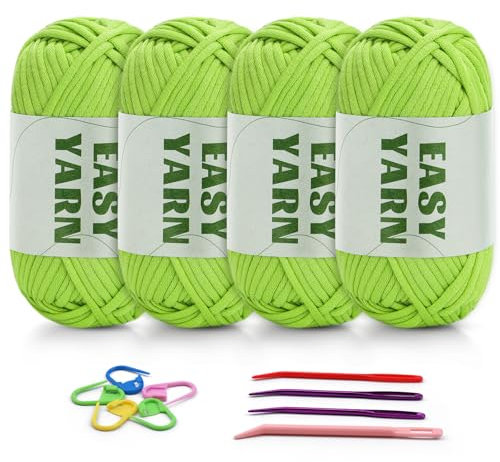 4 Stück Herbstgrünes Garn, Häkel- und Strickgarn für Anfänger, gut Sichtbare Maschen, Grobes, Dickes Baumwoll-Nylon-Mischgarn, Garn Zum Häkeln mit Häkelzubehör (4 X 50 g)