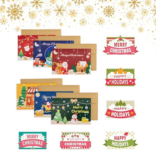 Pacchetto biglietti d'auguri di Natale,Biglietto Auguri Natale con Buste e Adesivi,Cartoline di Natale,Biglietti di Auguri di Natale Piegati con Buste - 6 Motivi,Per Natale e Capodanno