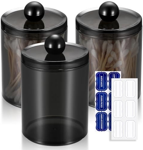 3 Pièces Boîte de Rangement à Coton Tige, Distributeur Pot de Tampons de Coton Noir Transparent avec Couvercles, pour Boules de Coton, Maquillage, Cosmétiques, Salle de Bain