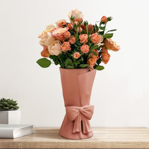 Relexome Keramik Vase mit Schleife, 24,5 cm Modern Boho Vase, dekorative Aesthetic Blumenvase für Frische Blumenstrauß, für Wohnzimmer, Schlafzimmer, Tischdekoration, Home Deko,Terrakotta Rosa