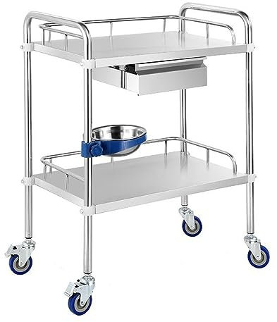 Multifunktionale Lagerregale aus Edelstahl, mobiler Rollwagen mit Griff und feststellbaren Rädern für Schönheitssalons, Spa, Labor, Klinik (2 Ebenen, 1 Schublade 80 x 48 x 86 cm)