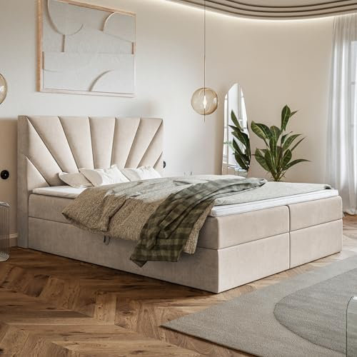 MOTIVENA Aspen Boxspringbett 180x200 mit Bettkasten und Topper, Polsterbett 180x200 mit Bettkasten, Bonellfederkern-Matratze (H4), Visco Memory-Foam Topper (H2), Samt, Beige (Creme)