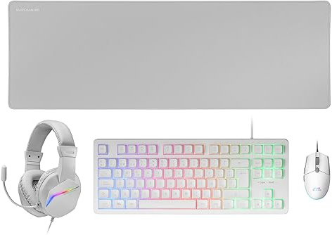 Mars Gaming MCP-RGB3 Gaming Pack Tastatur Fixed RGB + Gaming-Maus RGB Flow 3200 DPI + Over-Ear RGB Kopfhörer + XXL Matte, Weiß, spanische Sprache