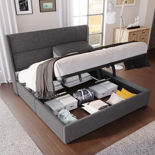 Kehun Polsterbett Doppelbett 180x200, Hydraulisch Bett mit Lattenrost aus Metallrahmen, Stauraumbetten Bettgestell mit Verstellbare Kopfstützen, Modern Bett mit Stauraum, Leinen, Grau, Ohne Matratze