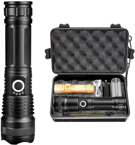 MAGIC SELECT Linterna LED Recargable de Alta Potencia con Indicador de Batería, Impermeable y Carga por USB. Caja de Seguridad, Cordón y Cable Micro USB Incluidos. 5 Modos, Zoom Ajustable.