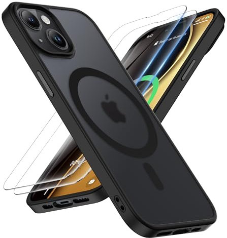 ORETECH Magnetisch für iPhone 14 Hülle/iPhone 13 Hülle: [Kompatibel mit Mag-Safe][2X Displayschutzfolie], Handyhülle iPhone 13/14, Stoßfest Schutzhülle [Militärschutz] Hülle iPhone 13/14, Schwarz