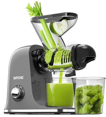 SiFENE - Exprimidor de prensa en frío, exprimidor compacto de masticaje lento de una sola porción, exprimidor de jugo de verduras y frutas, fácil de limpiar, sin BPA, gris