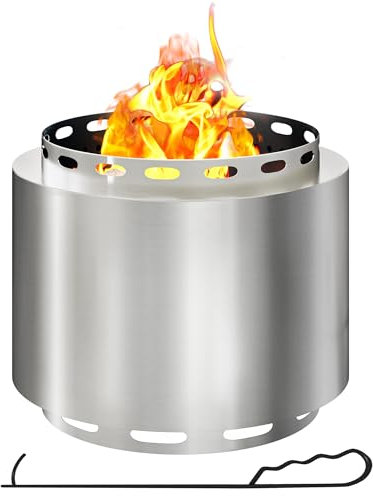 Outsunny Foyer sans fumée Portable de 48,5 cm avec tisonnier pour Jardin, Camping, fête en Acier Inoxydable, argenté