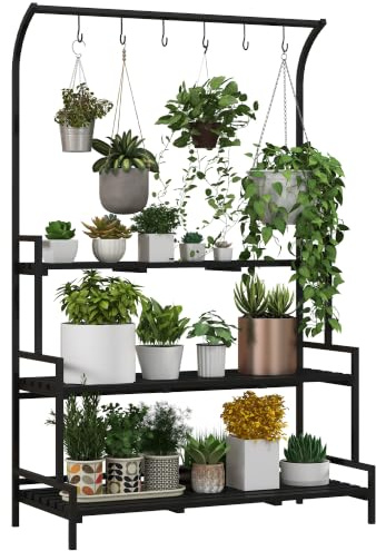 Outsunny 3-Etagen Pflanzenständer 170 cm hoch mit Haken für Innen Schwarz | Blumenständer, Blumenregal, Pflanzenregal aus Stahl, Blumentreppe, Blumentopfständer, Wohnzimmer, Garten Balkon Deko