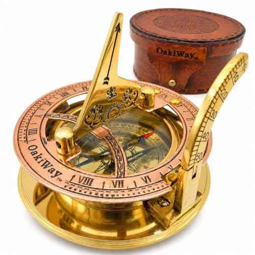 OakiWay Brass Sundial Compass - Gifts for Men, Dad Or Husband, Nautical Sailing Anniversary Present for Him, Antique Vintage Pocket Watch with Leather Case, Unique Birthday Gift (2.7 Inch Diameter)