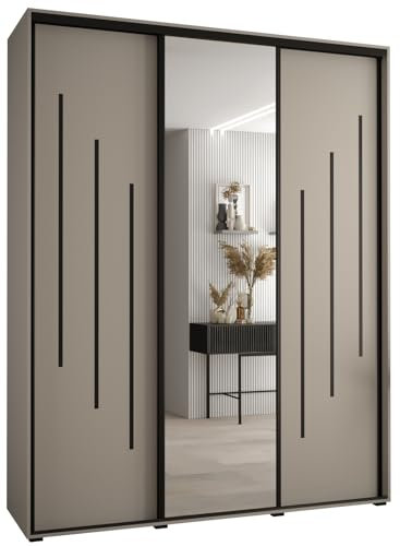 MEBLE KRYSPOL Dakota 9 Schrank mit DREI Schiebetüren - Moderner Kleiderschrank mit Spiegel, Kleiderstange und Regalen - 235,2x190x60cm - Kaschmir Schwarz