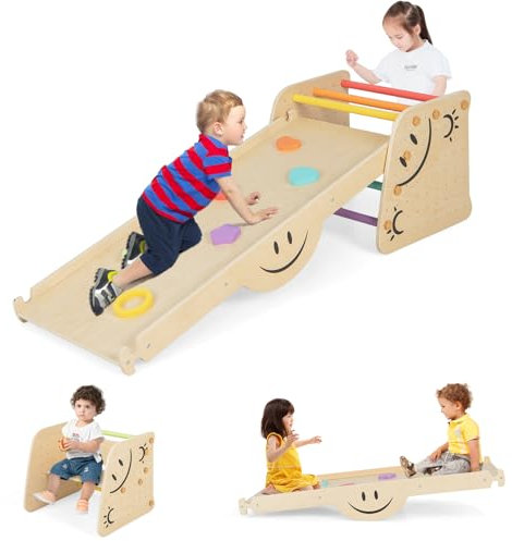 COSTWAY Kletterdreieck mit Rutsche, 6 in 1 Klettergerüst Indoor, inkl. höhenverstellbarem Tritthocker und Wippe, Kletterleiter Holz, Indoor Spielplatz für Kinder ab 3 Jahren, Bunt