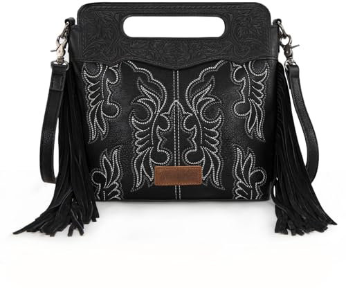 Wrangler Crossbody-Tasche für Damen, Western-Fransen, Tragegriff oben, bestickt, Bootscroll, Crossbody-Tasche, B-large - schwarz, Large