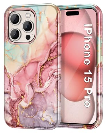 Petocase for iPhone 15 Pro Case 6.1 inch (2023), Marble Pattern 3 in 1 Heavy Duty Shockproof Full Body Hard PC+Soft Silicone Drop Protective Women Girls Cover for iPhone 15 Pro, Rose Gold