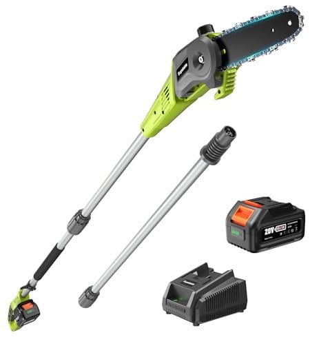 Supstable 10-inch Cordless Pole Saw, 4000mAh Battery Power Electric Pole Chainsaw with Two Rods up to 9.5f, Telescopic Chainsaw with Auto Oiler for Pruning, Trimming, Cutting