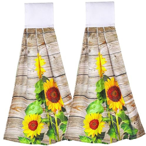 Hängende Küchentücher 2 Stück Weiche und saugfähige Sonnenblumenhandtücher mit hängenden Schlaufen und bahnbrechend rustikales, waschbares Handtücher für Badezimmer Küchendekor 12x18,5 Zoll Bloc