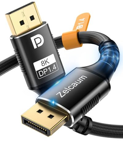 Zelcaum Câble Displayport 1.4, port d'affichage 1.4 [8K 60Hz, 4K 144Hz, 2K 240Hz 165Hz 144Hz], cordon DP tressé 32,4 Gbit/s DSC 1.2 HBR3 HDR HDCP FreeSync G-Sync, moniteur de jeu, PC, ordinateur