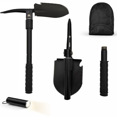 Klappspaten 6in1 Campingspaten Survival Spaten Multifunktionswerkzeug | BURI Multifunktionswerkzeug aus Edelstahl mit Tasche, Taschenlampe, Säge, Hacke und Messer für Outdoor und Bushcraft