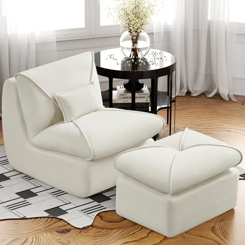 okwish Relaxsessel Schlafsofas mit Fußstütze?Lazy Polstersofa Indoor-Sitzkissen mit Bequeme, extra Dicke Polsterung,Liegestuhl für Schlafzimmer, Wohnzimmer, Chenille-Stoff,Weiß