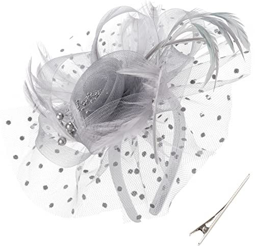 DRESHOW Fascinator Chapeau Plume Mariage Dames Day Bandeau et Clip Cocktail Tea Party Chapeau pour Fille et Femmes, Taille unique, 1 pc thicker: Gray