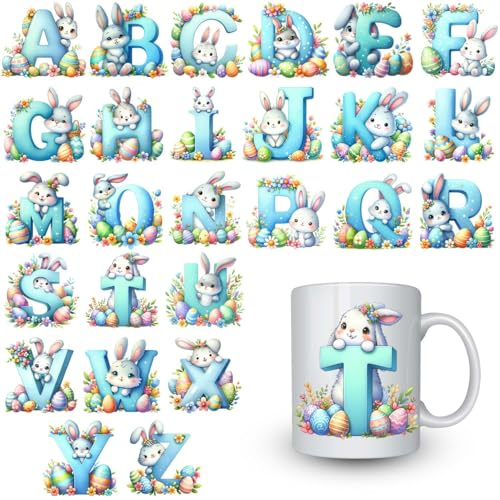 26pcs 3IN Easter Bunny Easter Eggs Alphabets Waterproof UV DTF Cup Rub on Transfer Stickes for Crafting Glass Cups Travel Mug Wood Crafts DIY Set