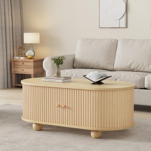 Seyakany Table Basse Ovale avec Rangement et Portes coulissantes, Meuble Multifonctionnel Peu encombrant aux Couleurs Bois