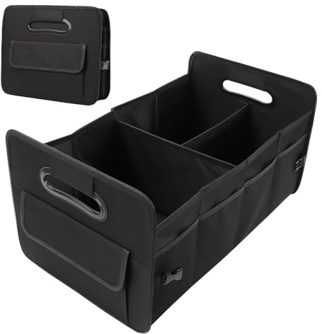 Auto Organizer Kofferraum, Kofferraumtasche mit Fächern, Autobox Kofferraum Faltbar mit Griff, Auto Aufbewahrung Organizer für Camping, Einkaufenf (Schwarz)
