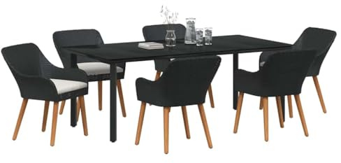 vidaXL Garten Essgruppe mit Kissen 7 pcs Schwarz Poly-Rattan, Stylisches Garten- und Terrassenset, Moderne UV-beständige Materialien, Tisch und Stühle für Essen im Freien