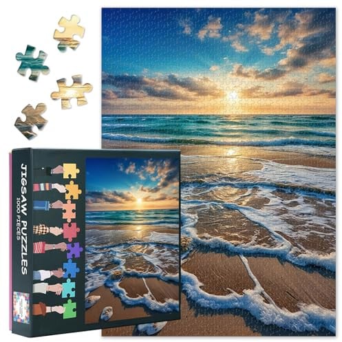 Meerblick Malen Puzzle 1000 Teile, Strand Puzzle Erwachsene, 1000 Teile Puzzles für Erwachsene Sonnenuntergang auf See, Puzzle Impossible Geschicklichkeitsspiel für die Ganze Familie 70 x 50 cm