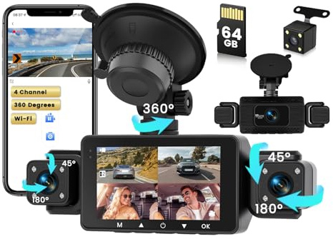 Inefala 4 Kanal Dash Cam Auto Kamera mit 3 Zoll IPS 360° Vorne Hinten Innen | 4 Kanal Dashcam Auto Vorne Hinten mit 64GB, WiFi & APP, Loop-Aufnahme, Nachtsicht, Weitwinkel, Autokamera FHD 1080P