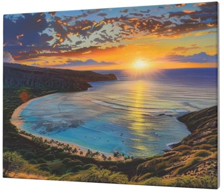 DENMER Sunrise Over Hanauma Bay Oahu Hawaii Bedruckter Massivholzrahmen Leinwand Wandkunst 40 x 30 cm – Handgefertigte quadratische Wanddekoration für Schlafzimmer, Wohnzimmer, Büro