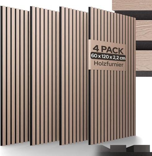Arebos Akustikpaneele 120x60 cm | Lamellenwand in Holzoptik für Wand & Decke | modernes Wandpaneel mit hoher Schallabsorption | einfache Montage & zuschneidbar | 4er Set für stilvolle Raumakustik