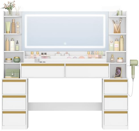 HEXCELEN 149cm Schminktisch mit Großer Spiegel, Weiß-Gold | Frisiertisch und Haartrocknerhalter, 8 Schubladen, Offenen Fächern, 135 × 40 × 145,2 cm