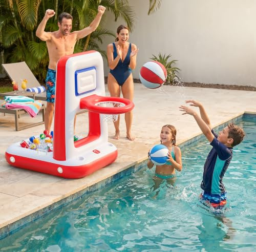 QPAU Pool Basketballregal mit eingebautem Kühlgerät, 42-Zoll schwere Poolkanten und schwimmende Basketballregal mit 2 Kugeln, Pumpen und Kacheln, Poolspielzeug für Kinder
